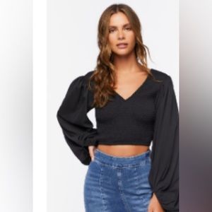 Smocked Balloon-Sleeve Crop Top